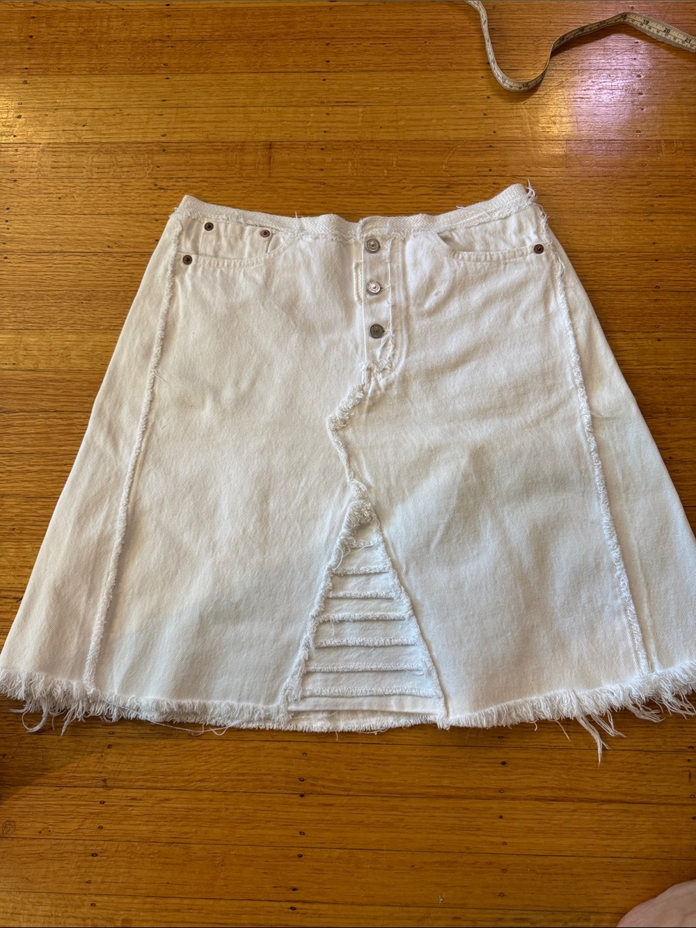Relove Vintage Levi's Distressed White Denim Mini Skirt with Front Panel